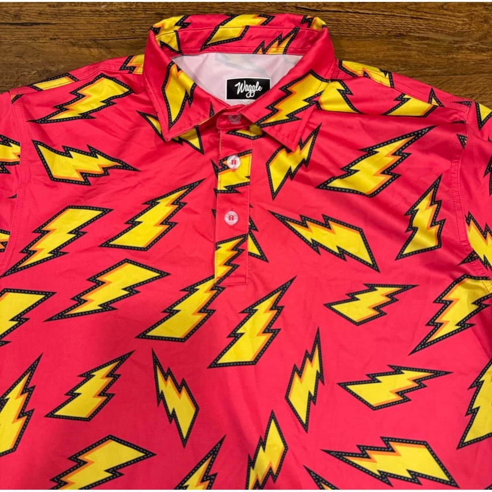 Waggle Red Thunder‎ Lightning Bolts Stretch Performance Golf Polo Shirt Men's M